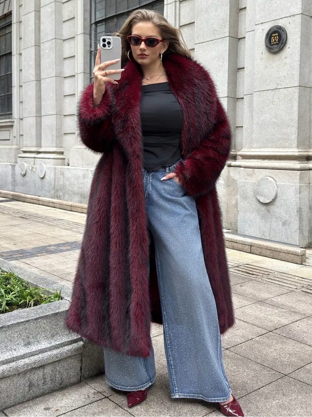 Luxurious XL/2X Burgundy Faux Fur Long Coat for Women
